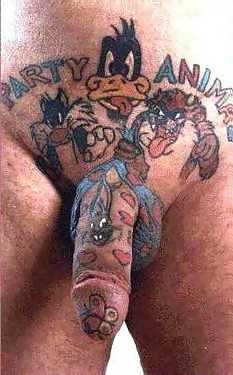 picture of a man with daffy duck and other cartoon animals tatooed onto his penis